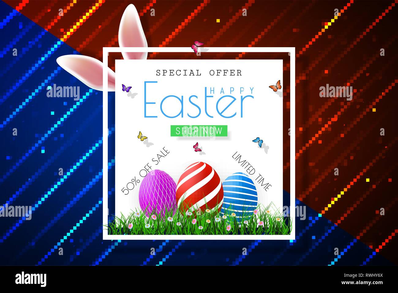 Happy Easter sale banners with realistic Easter rabbir`s ears, vector. Stock Vector